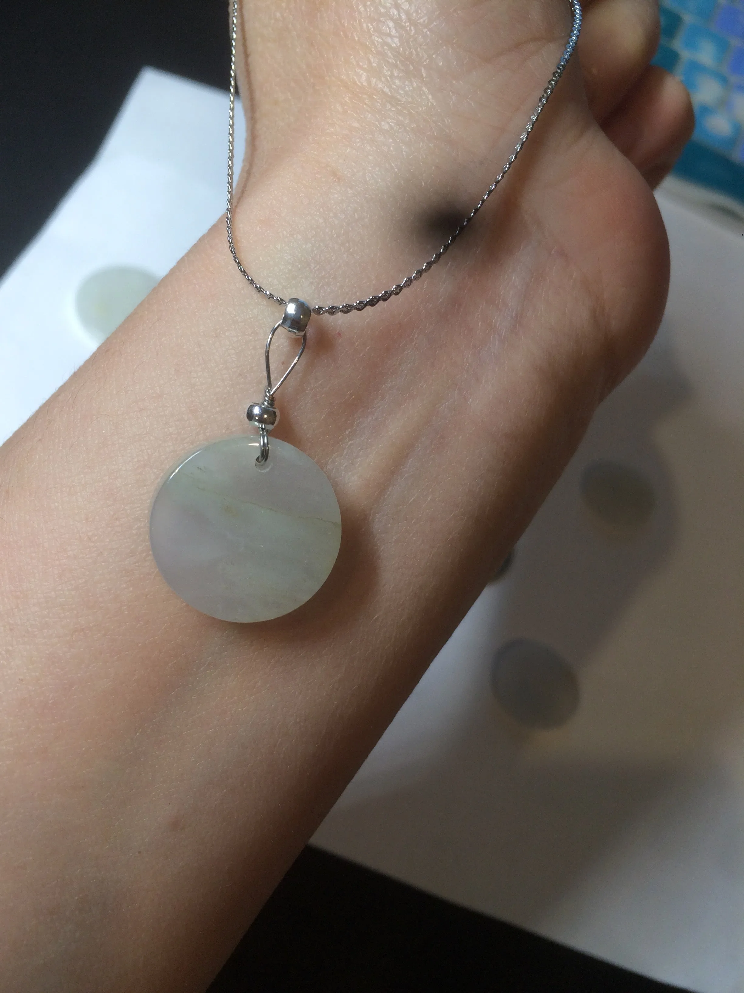 100% Natural icy watery white/light green jadeite Jade round disc Pendant/worry stone BF99