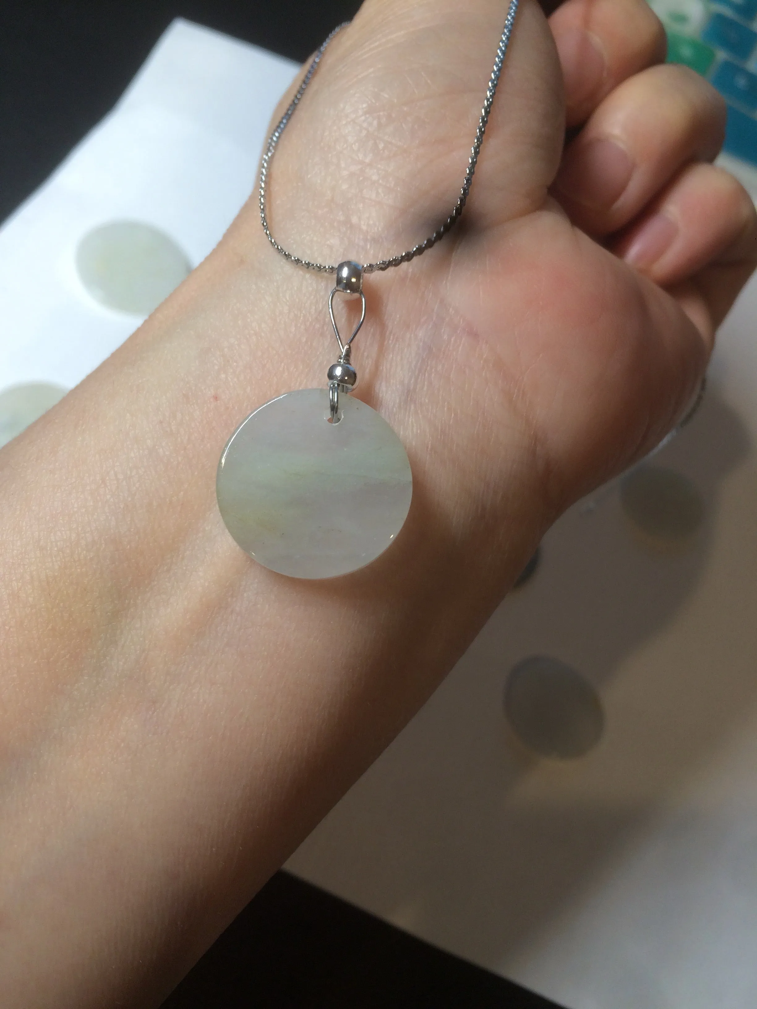 100% Natural icy watery white/light green jadeite Jade round disc Pendant/worry stone BF99