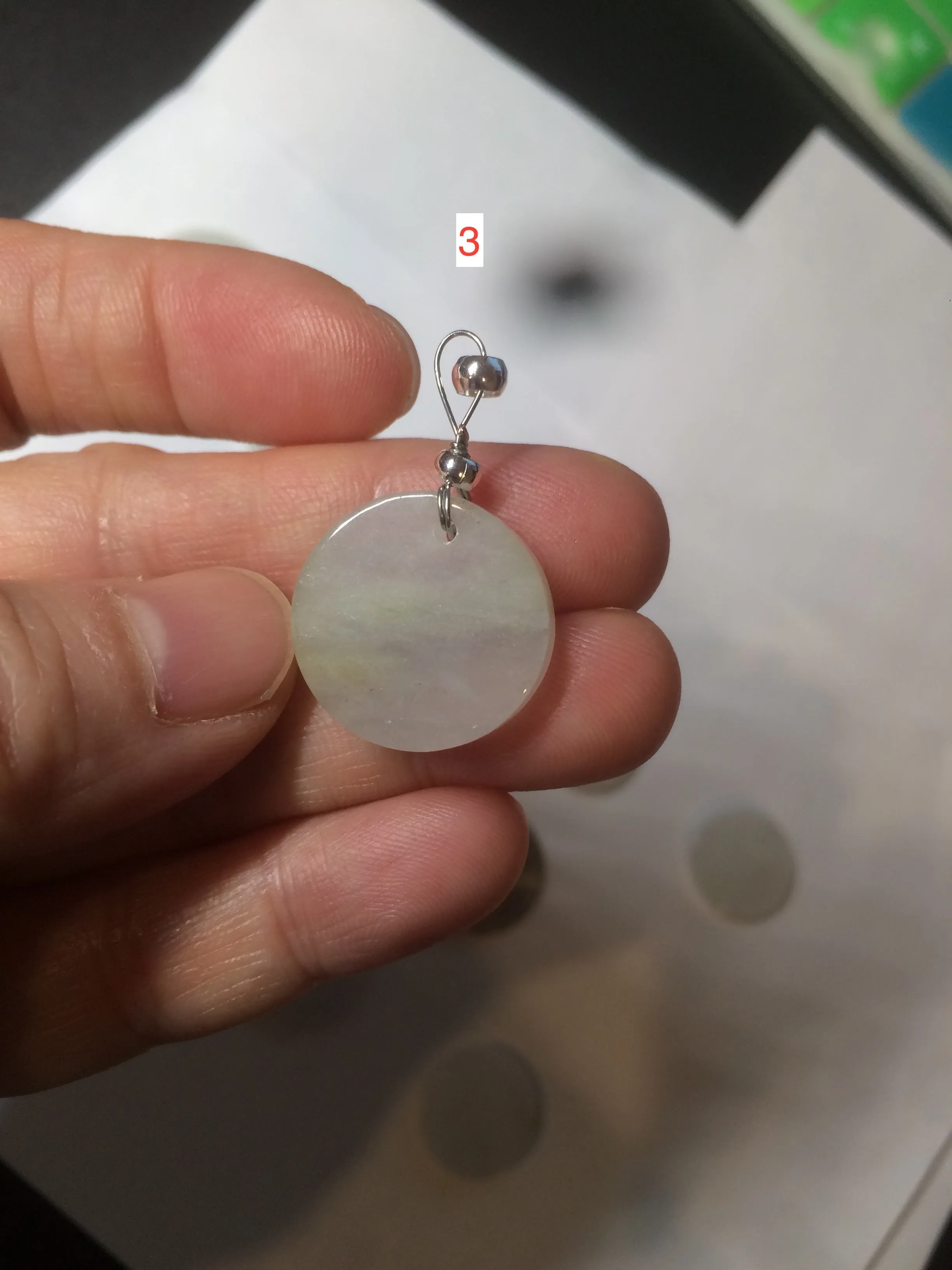 100% Natural icy watery white/light green jadeite Jade round disc Pendant/worry stone BF99