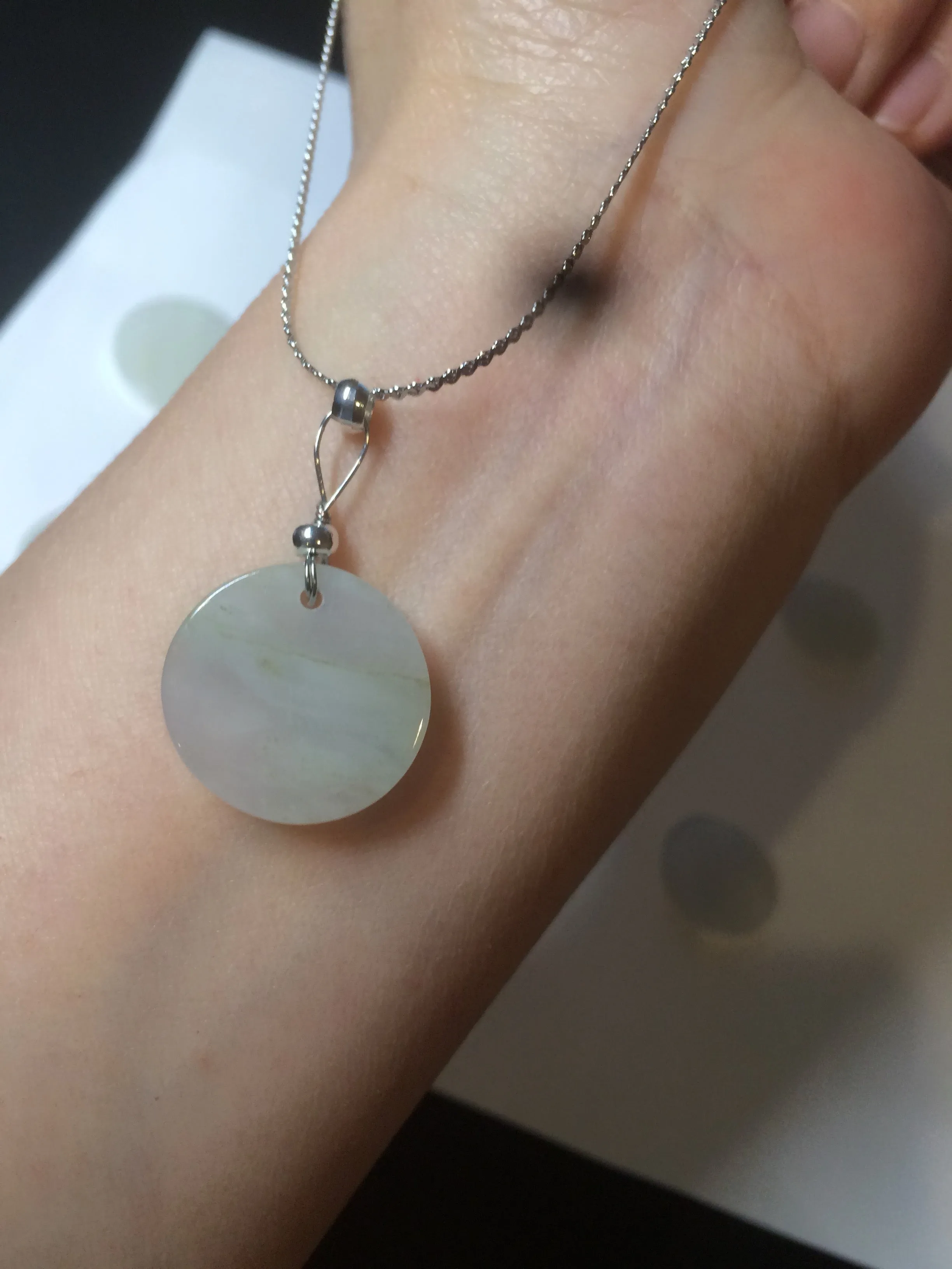 100% Natural icy watery white/light green jadeite Jade round disc Pendant/worry stone BF99