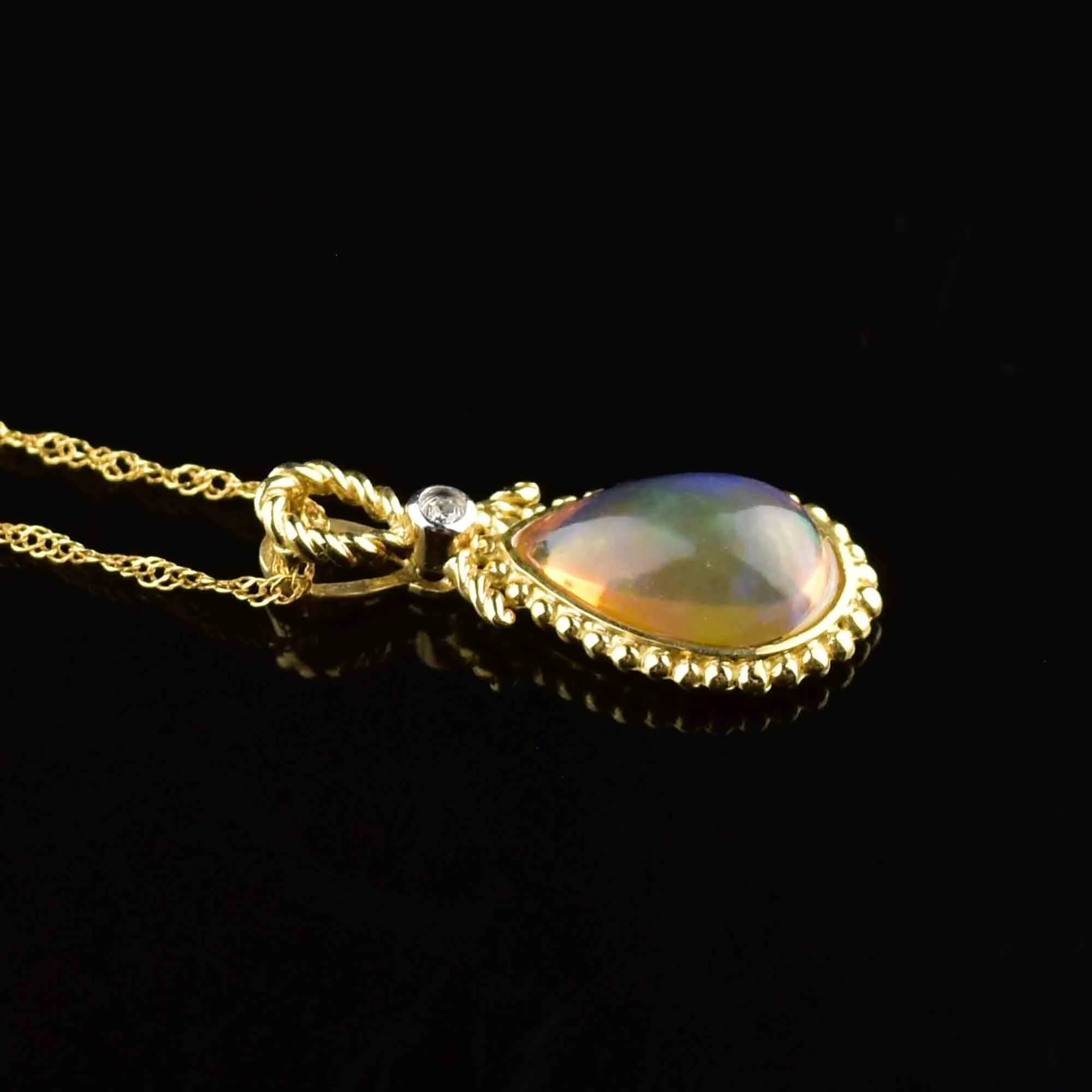 10K Gold Rope Fire Opal Diamond Pendant Necklace