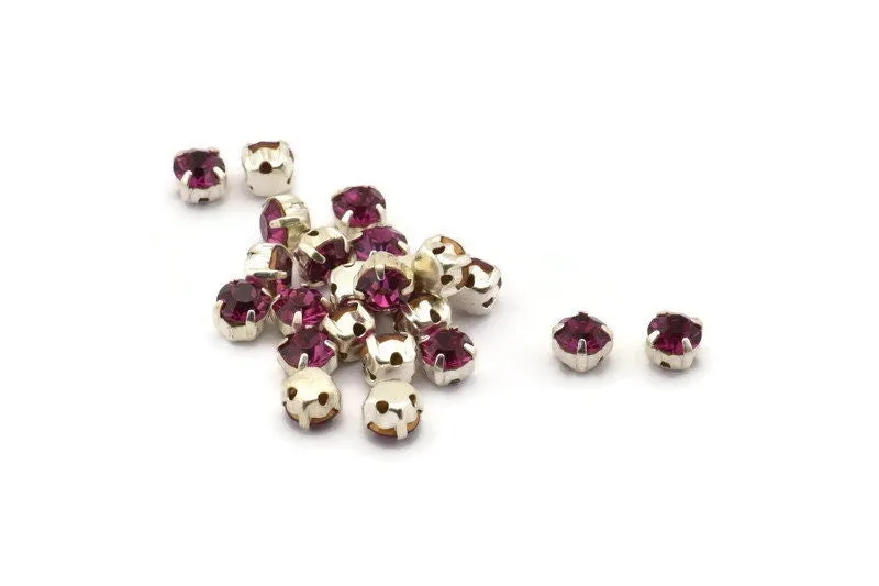 12 Fuchsia Crystal Rhinestone Beads With 4 Holes Brass Setting for SS24, Charms, Pendants, Earrings - 5.3mm SS24