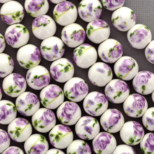 12mm WHITE with Purple LAVENDER ROSE Flowers Round Ceramic Porcelain Beads bgl0767