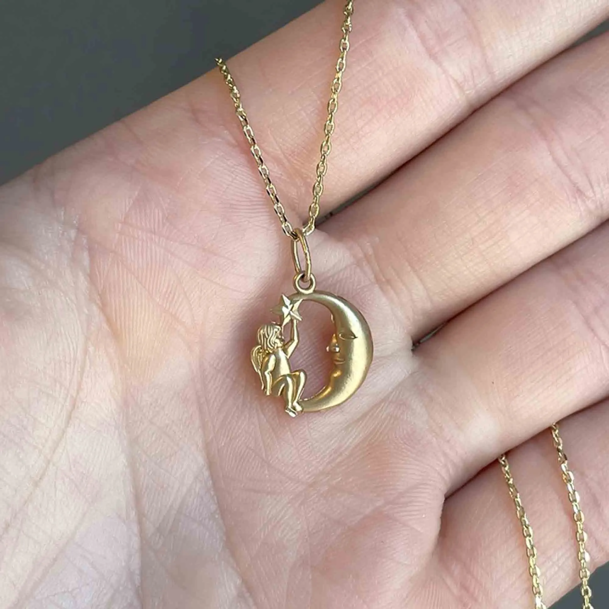 14K Gold Man in the Moon Cherub Pendant Necklace