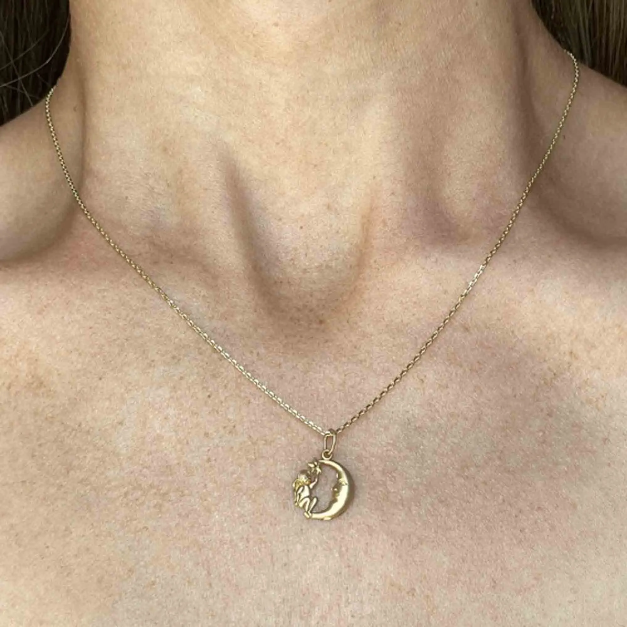 14K Gold Man in the Moon Cherub Pendant Necklace