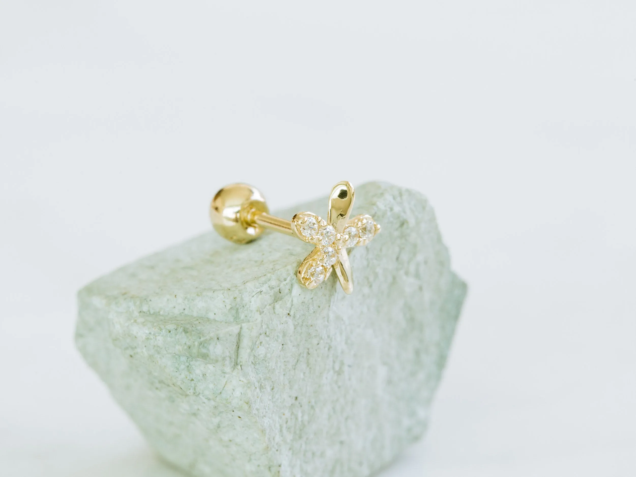 14k Gold Three Cubic Petal Flower Barbell Ear Stud Piercing