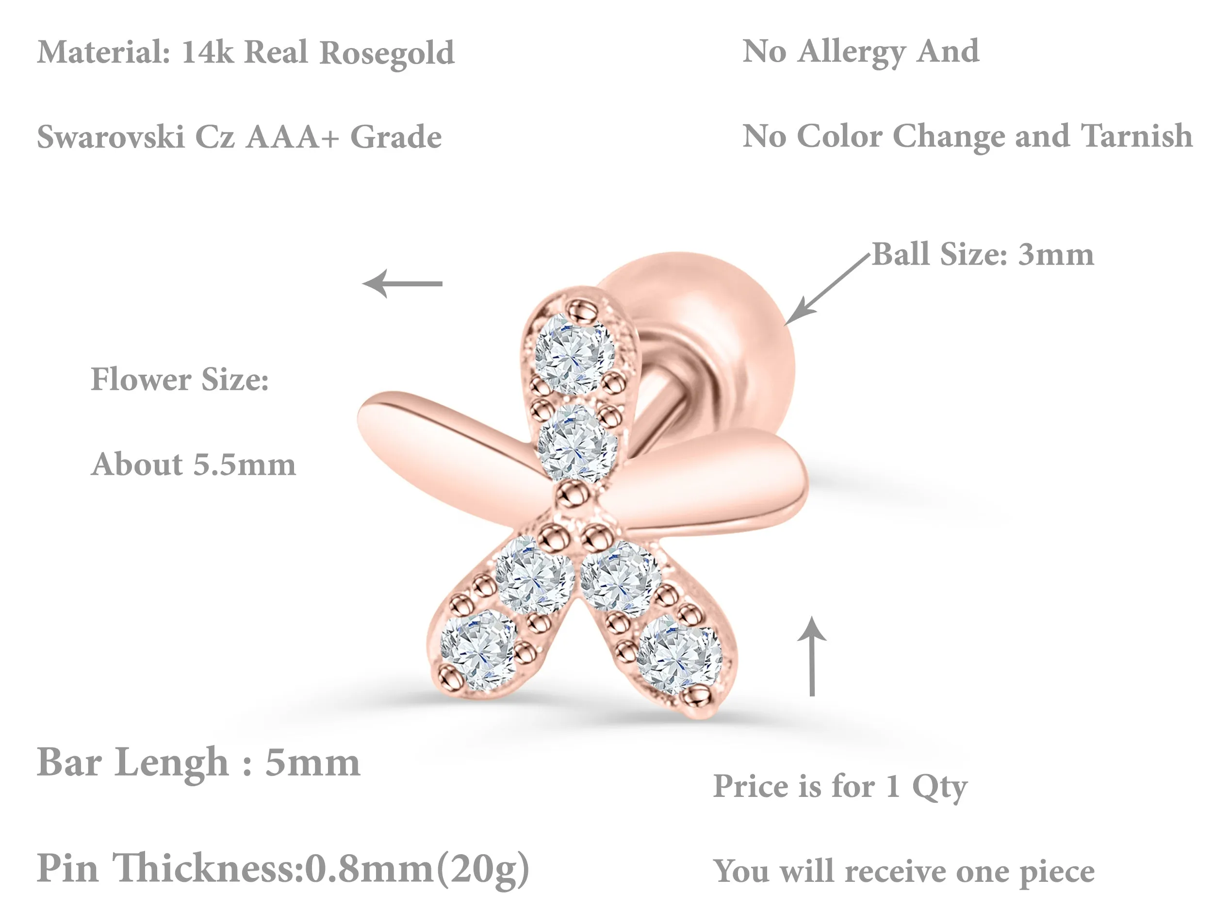 14k Gold Three Cubic Petal Flower Barbell Ear Stud Piercing