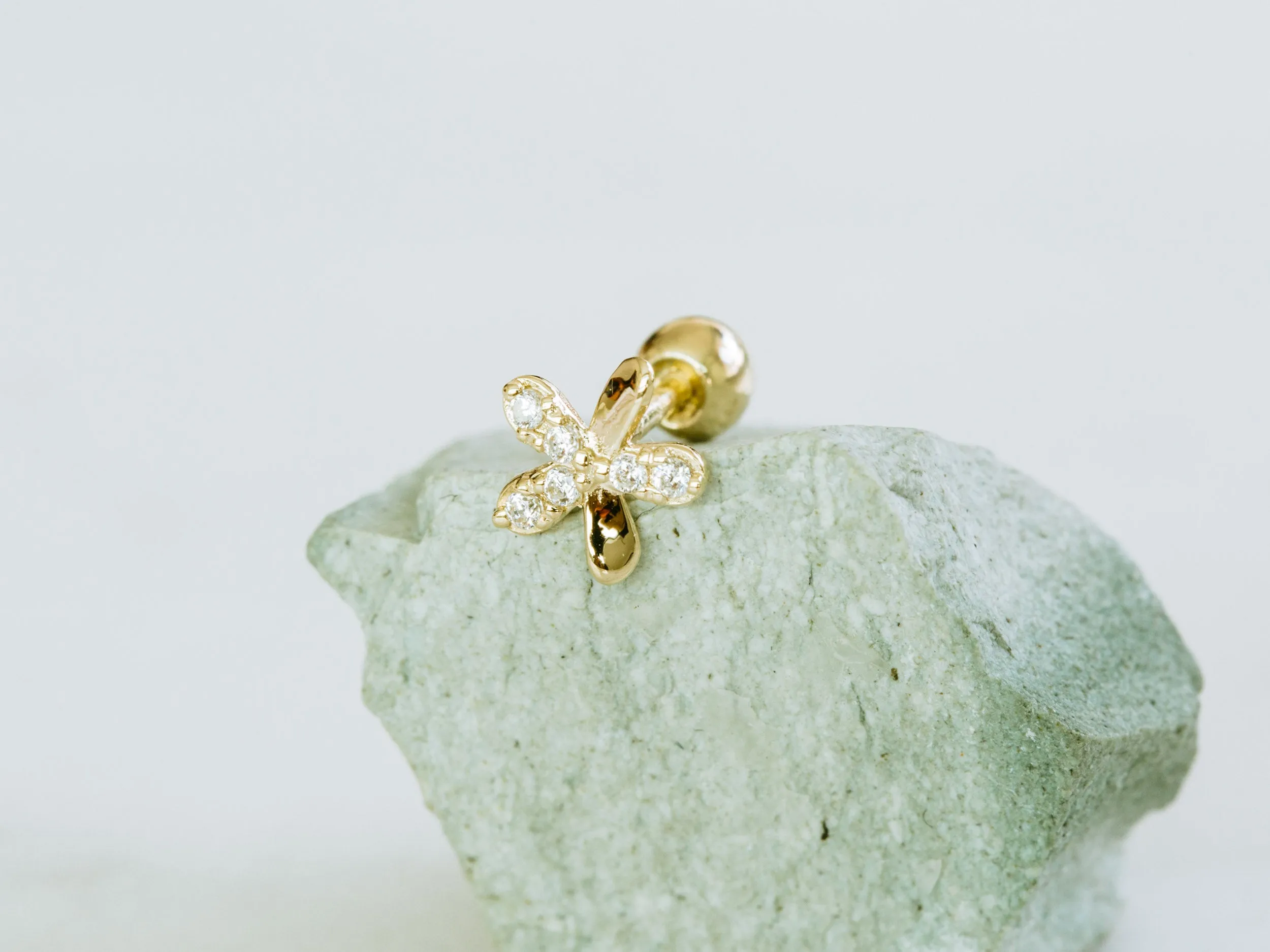 14k Gold Three Cubic Petal Flower Barbell Ear Stud Piercing