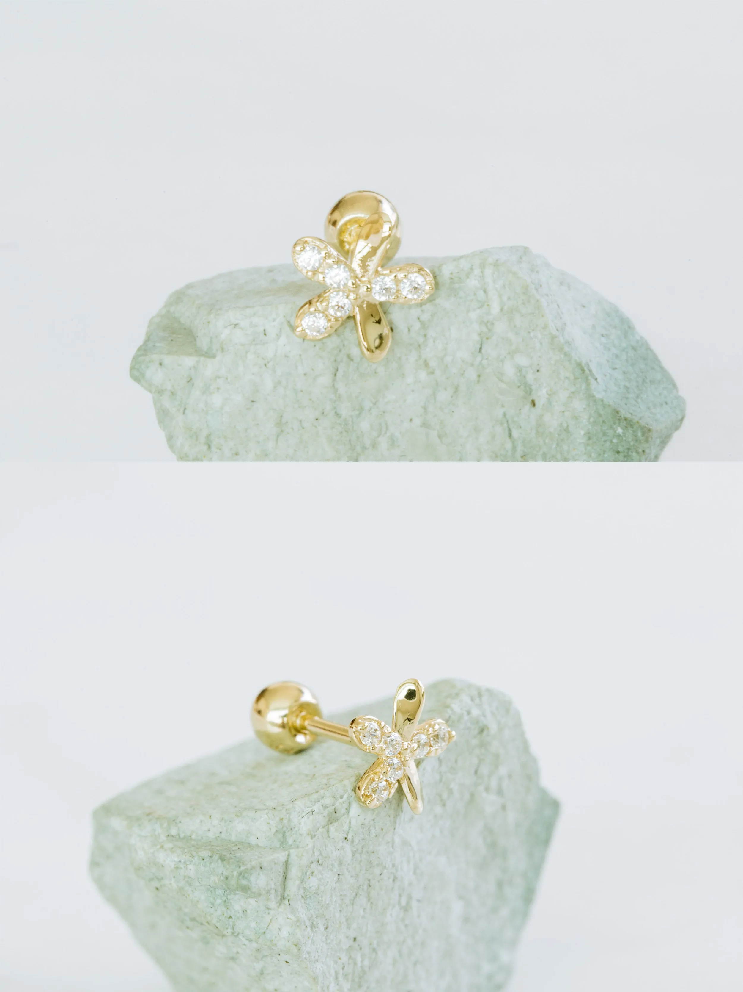 14k Gold Three Cubic Petal Flower Barbell Ear Stud Piercing