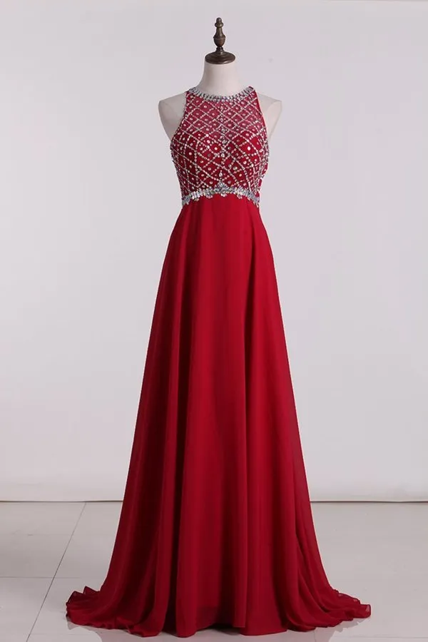 2024 Prom Dresses A Line Scoop Beaded Bodice Chiffon PP48ZE1L