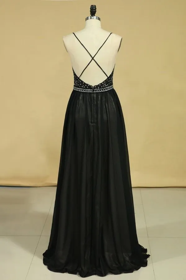 2024 Spaghetti Straps Open Back Prom Dresses Chiffon With Applique PB8JXGF7