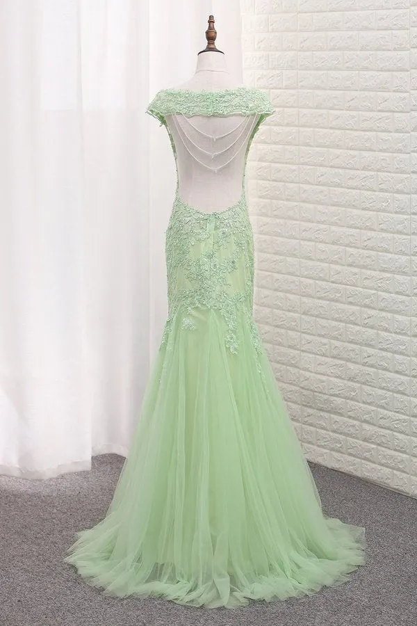 2024 Tulle Scoop Mermaid Open Back Prom Dresses With P7ZTP632