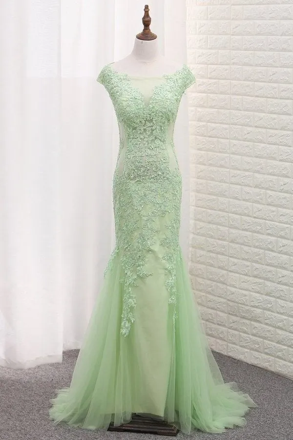 2024 Tulle Scoop Mermaid Open Back Prom Dresses With P7ZTP632