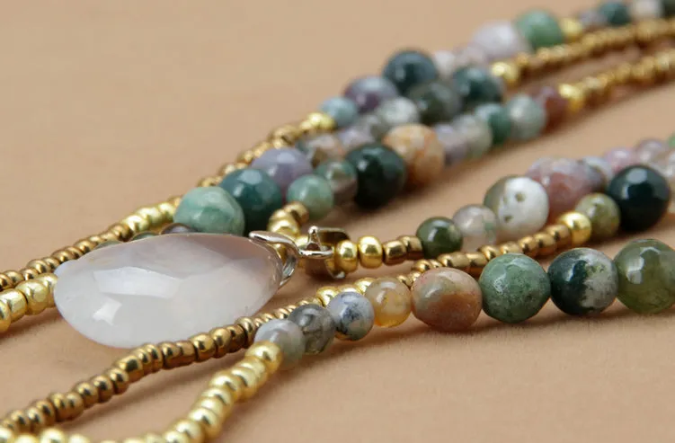 3 Tier Layered Agate Necklace with Teardrop Pendant