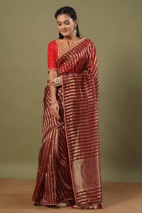 90Z484-NRO Maroon Tissue Chanderi Saree with Red Saree Blouse