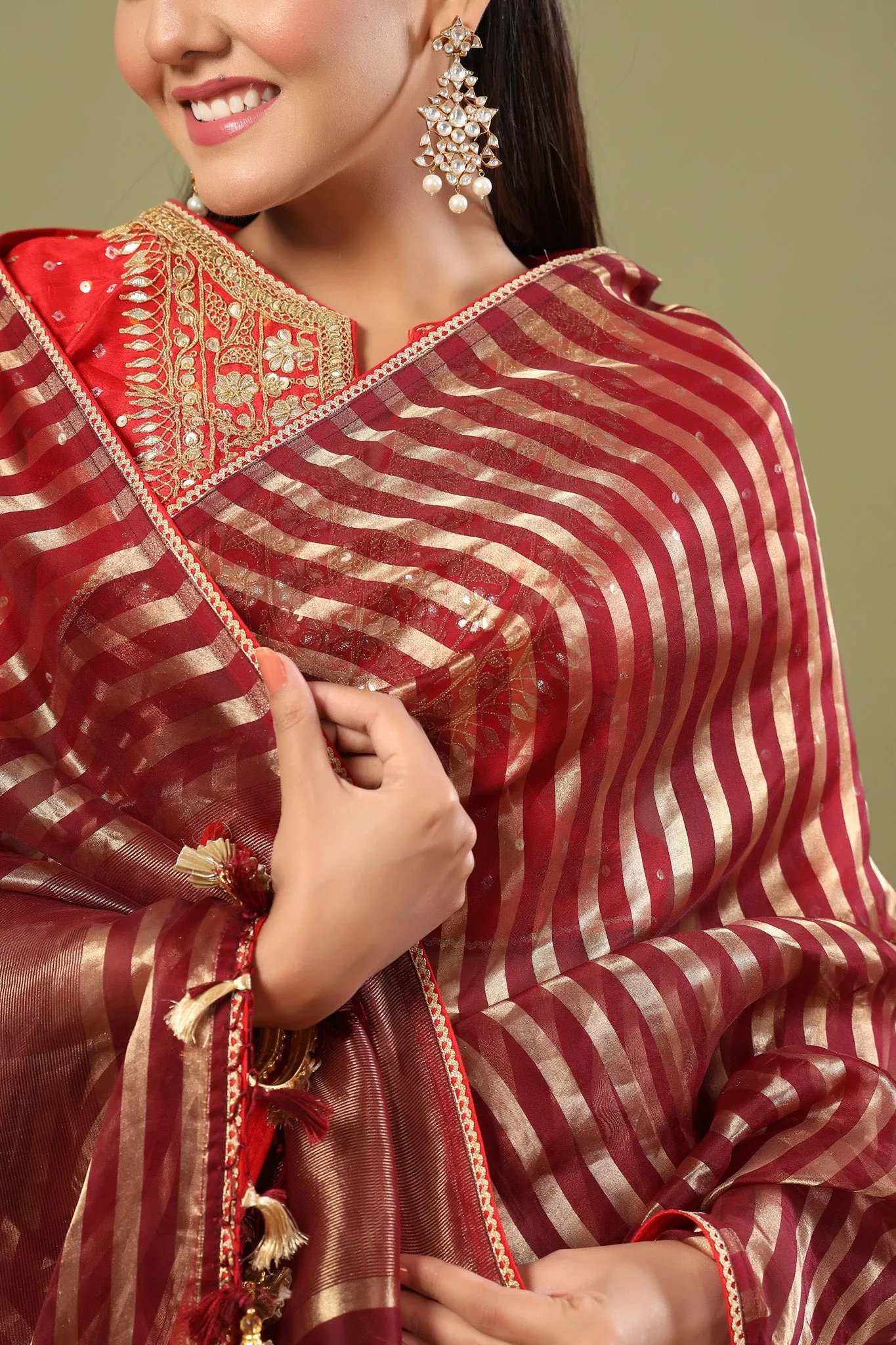 90Z484-NRO Maroon Tissue Chanderi Saree with Red Saree Blouse