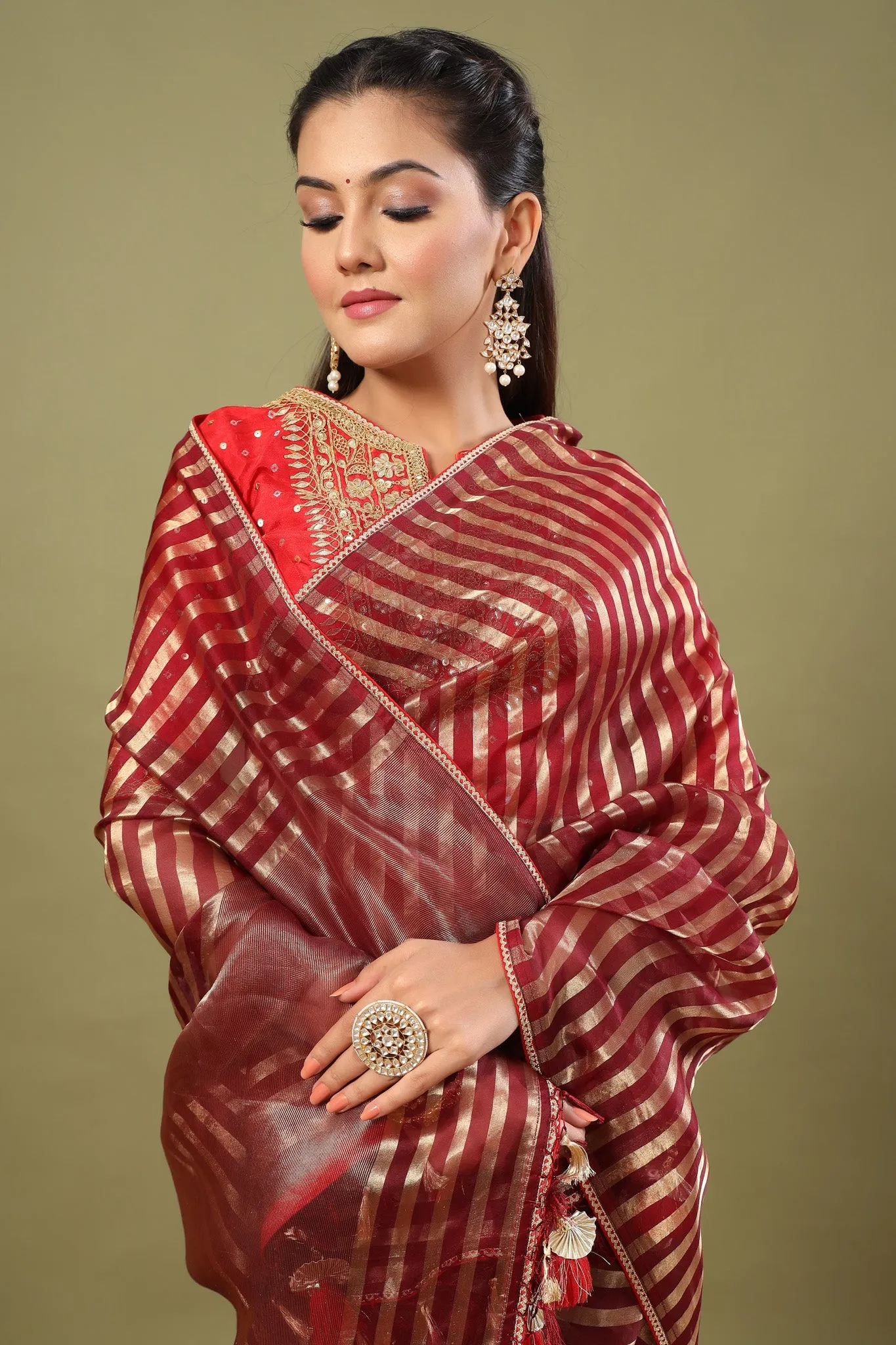 90Z484-NRO Maroon Tissue Chanderi Saree with Red Saree Blouse