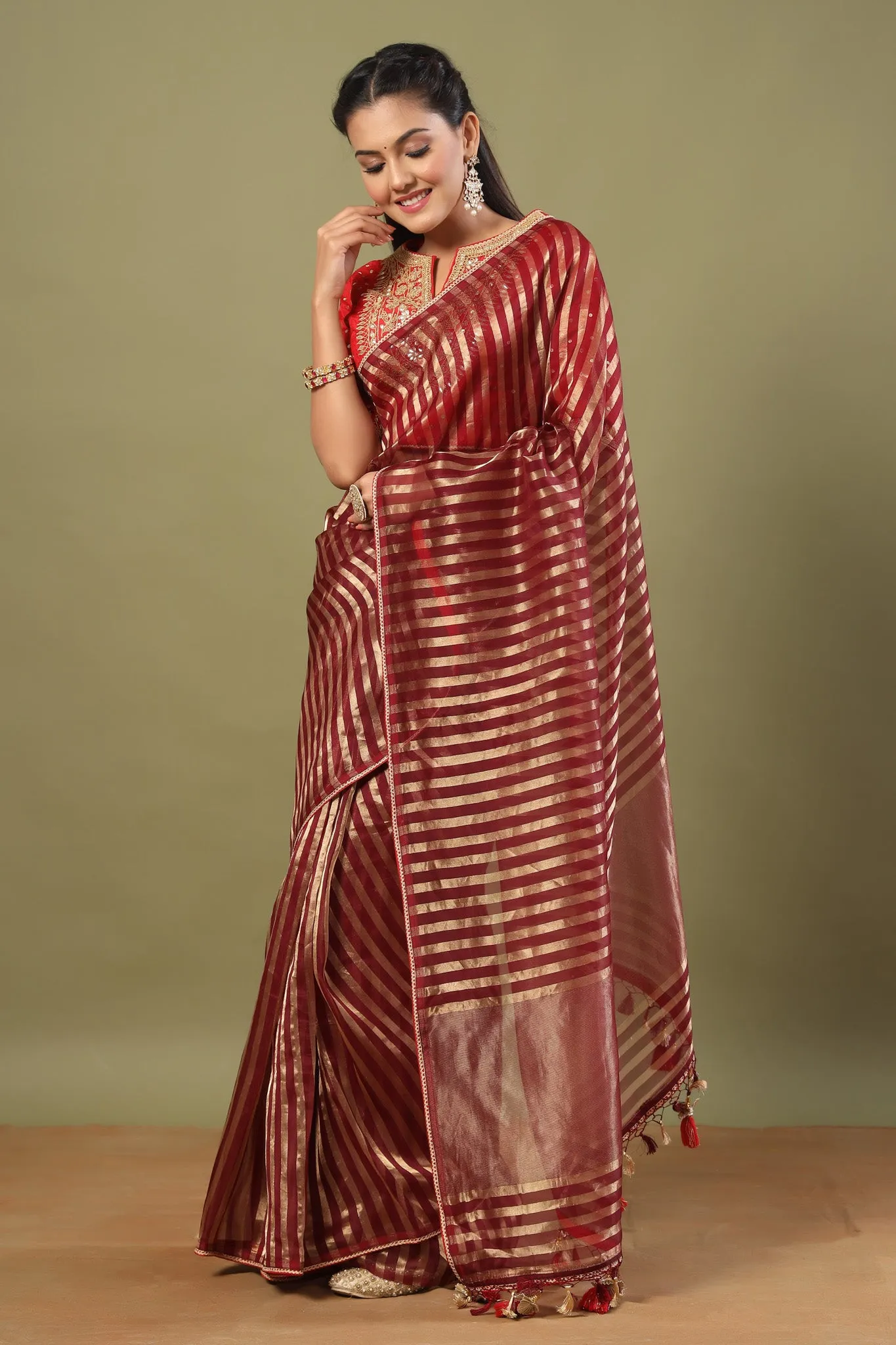 90Z484-NRO Maroon Tissue Chanderi Saree with Red Saree Blouse