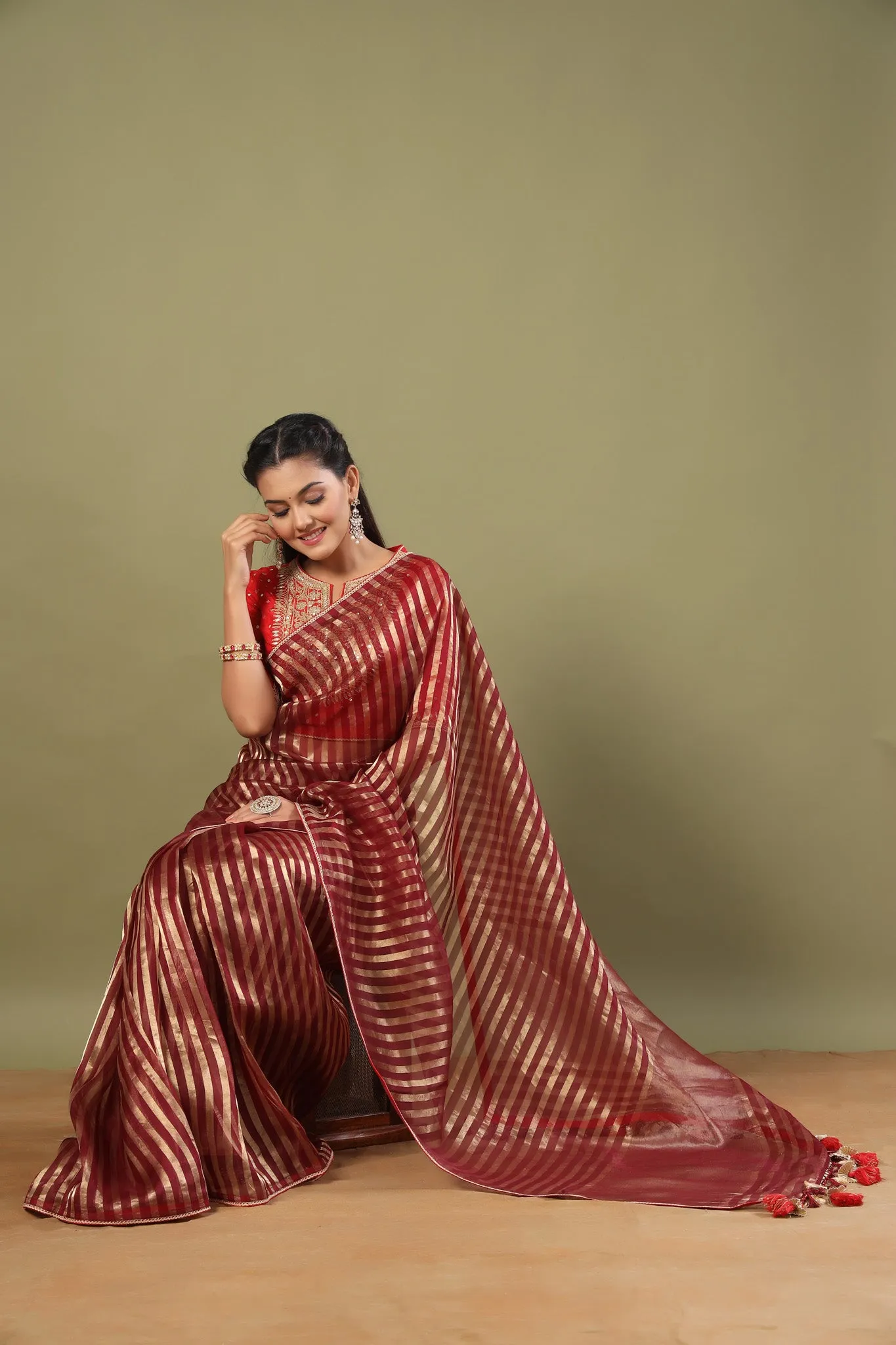 90Z484-NRO Maroon Tissue Chanderi Saree with Red Saree Blouse