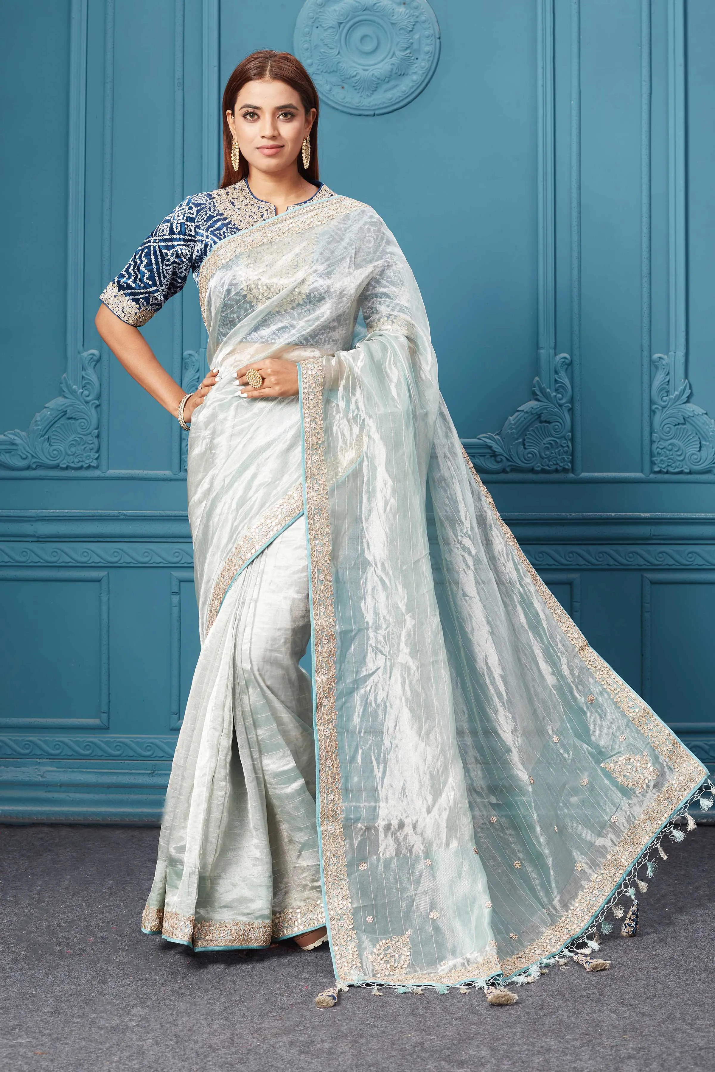 91A057 Blue Tissue Kora Silk Saree with Bandhej Embroidered Blouse