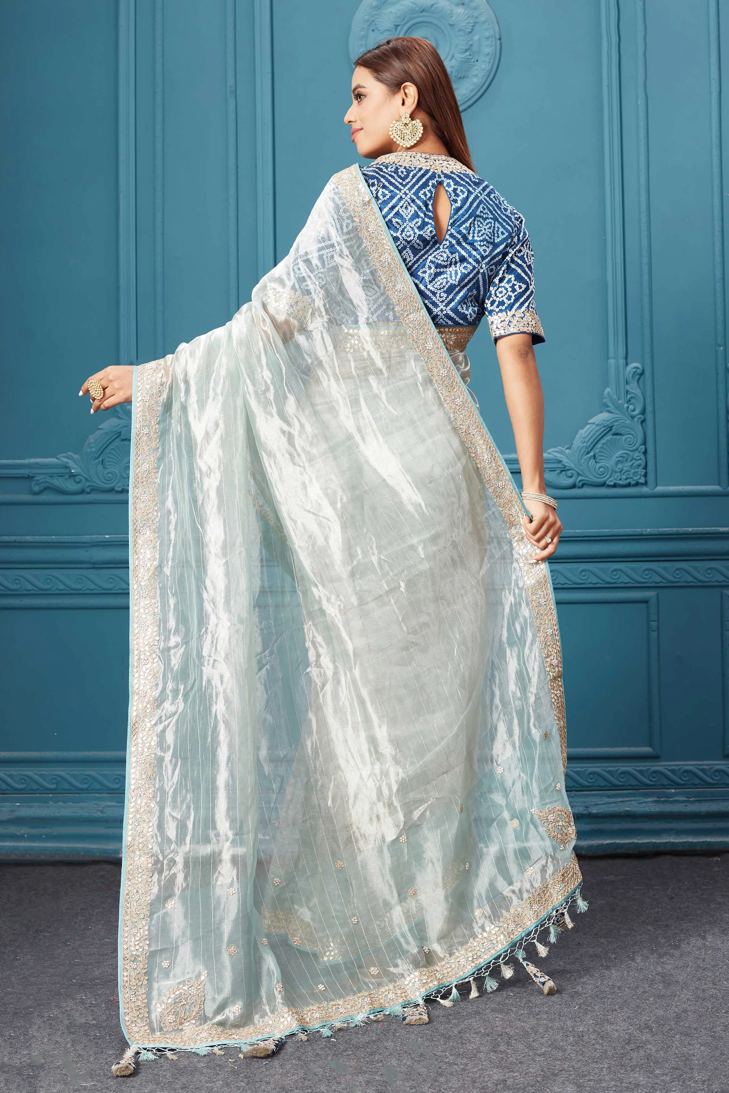 91A057 Blue Tissue Kora Silk Saree with Bandhej Embroidered Blouse