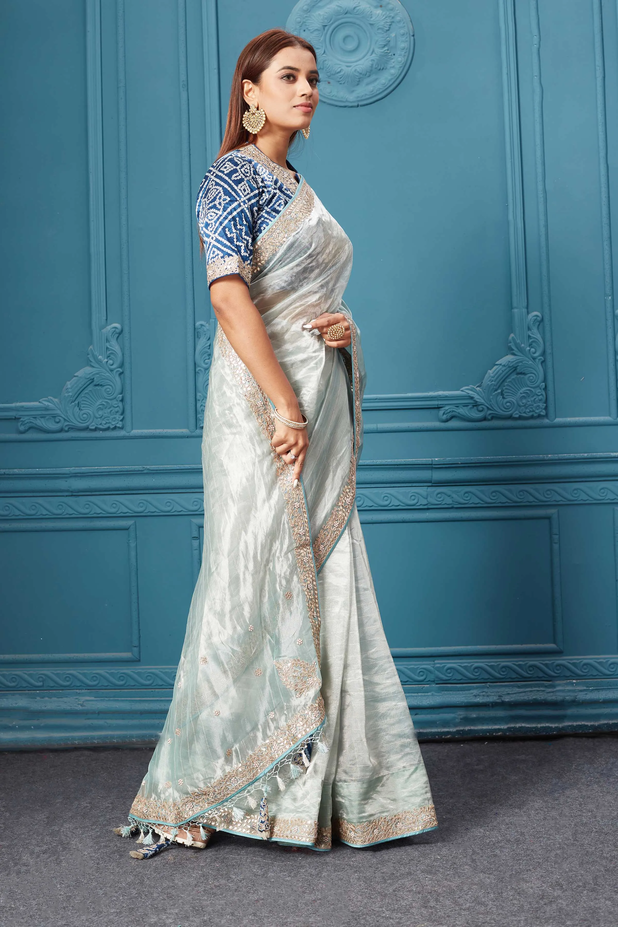 91A057 Blue Tissue Kora Silk Saree with Bandhej Embroidered Blouse