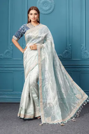 91A057 Blue Tissue Kora Silk Saree with Bandhej Embroidered Blouse