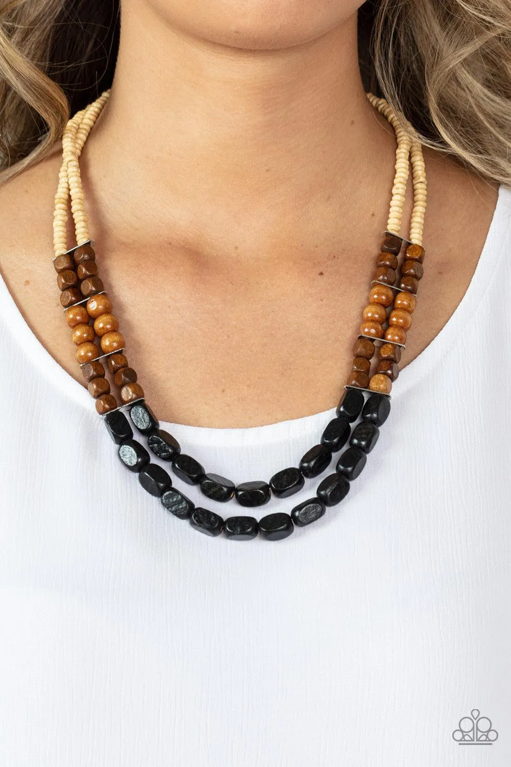 Bermuda Bellhop Black, White & Brown Wood Necklace - Paparazzi Accessories