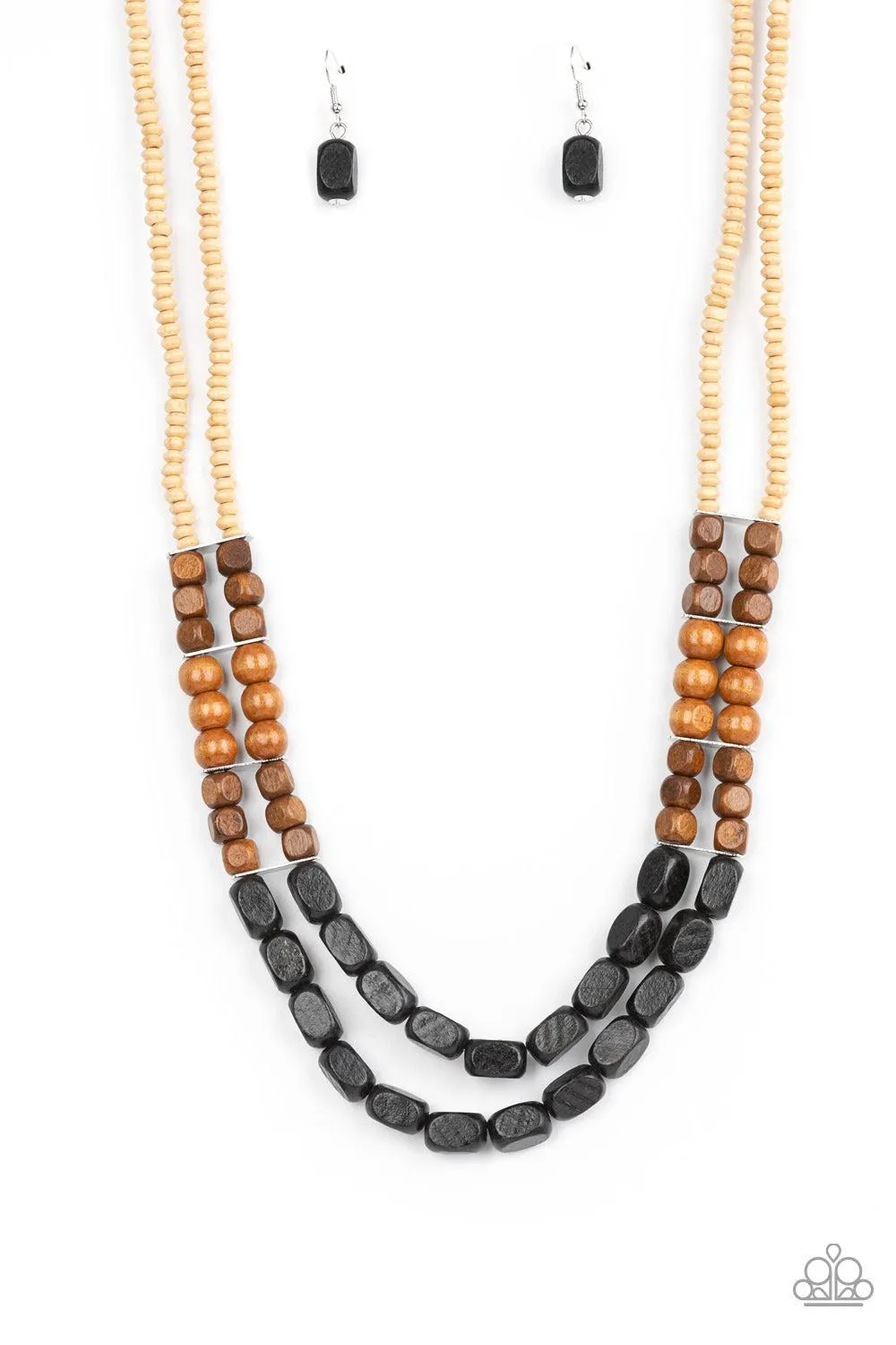 Bermuda Bellhop Black, White & Brown Wood Necklace - Paparazzi Accessories