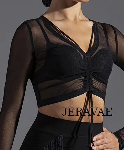 Black Mesh Practice Top with Long Sleeves and Option to Gather (Bra Not Included) PRA 584