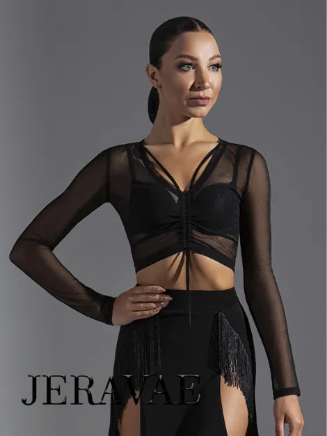 Black Mesh Practice Top with Long Sleeves and Option to Gather (Bra Not Included) PRA 584