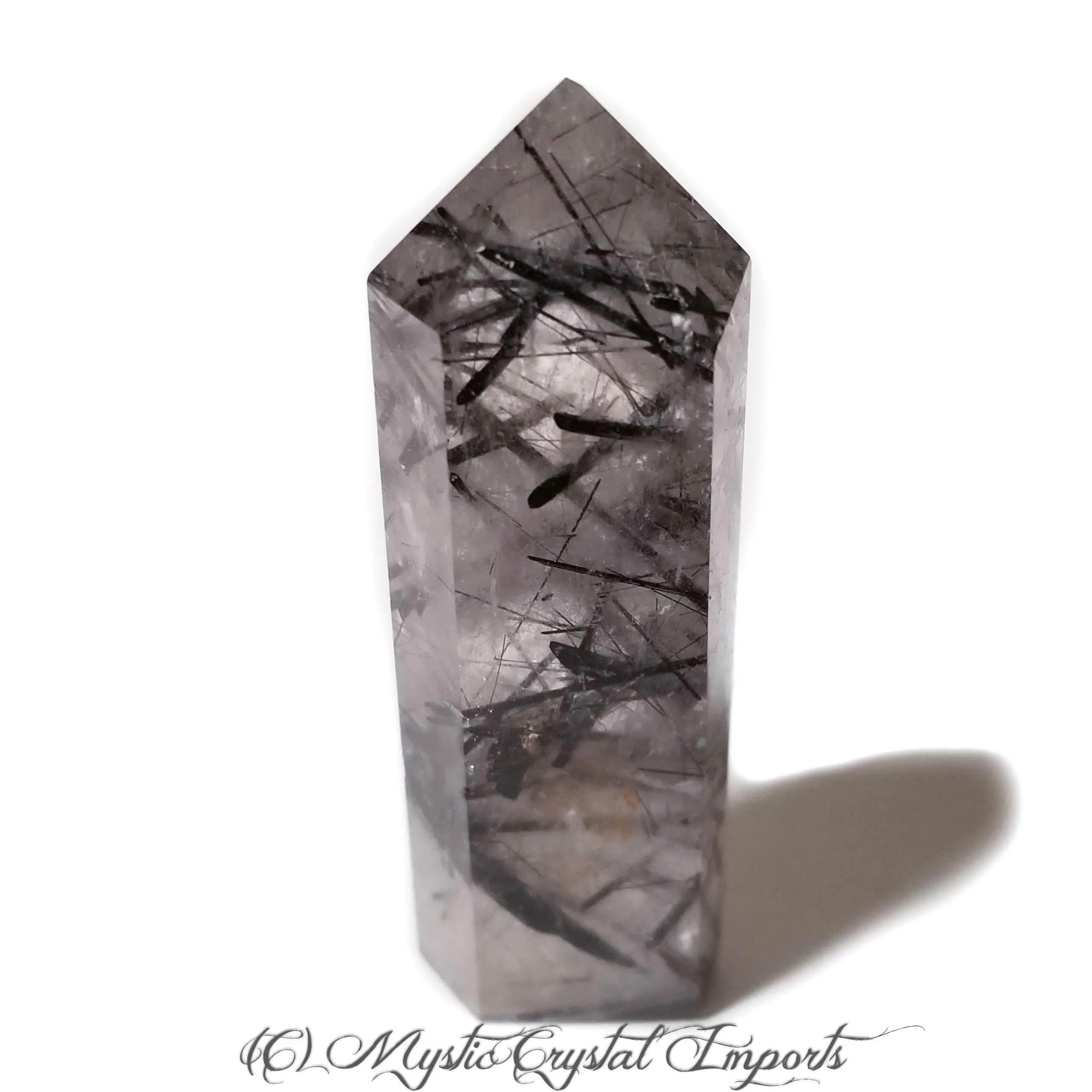 Black Tourmalinated Quartz Crystal Point With Carved Wood Stand - 5