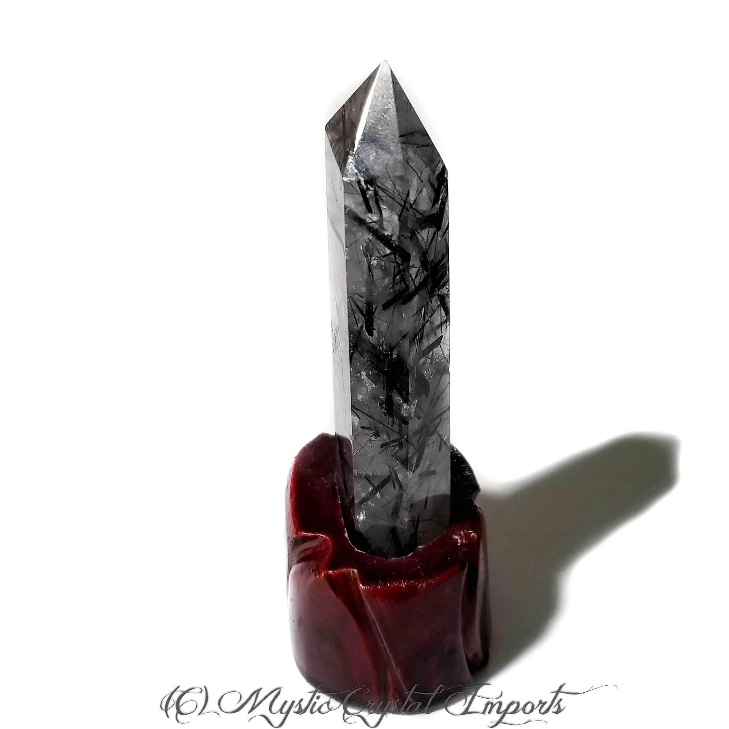 Black Tourmalinated Quartz Crystal Point With Carved Wood Stand - 5