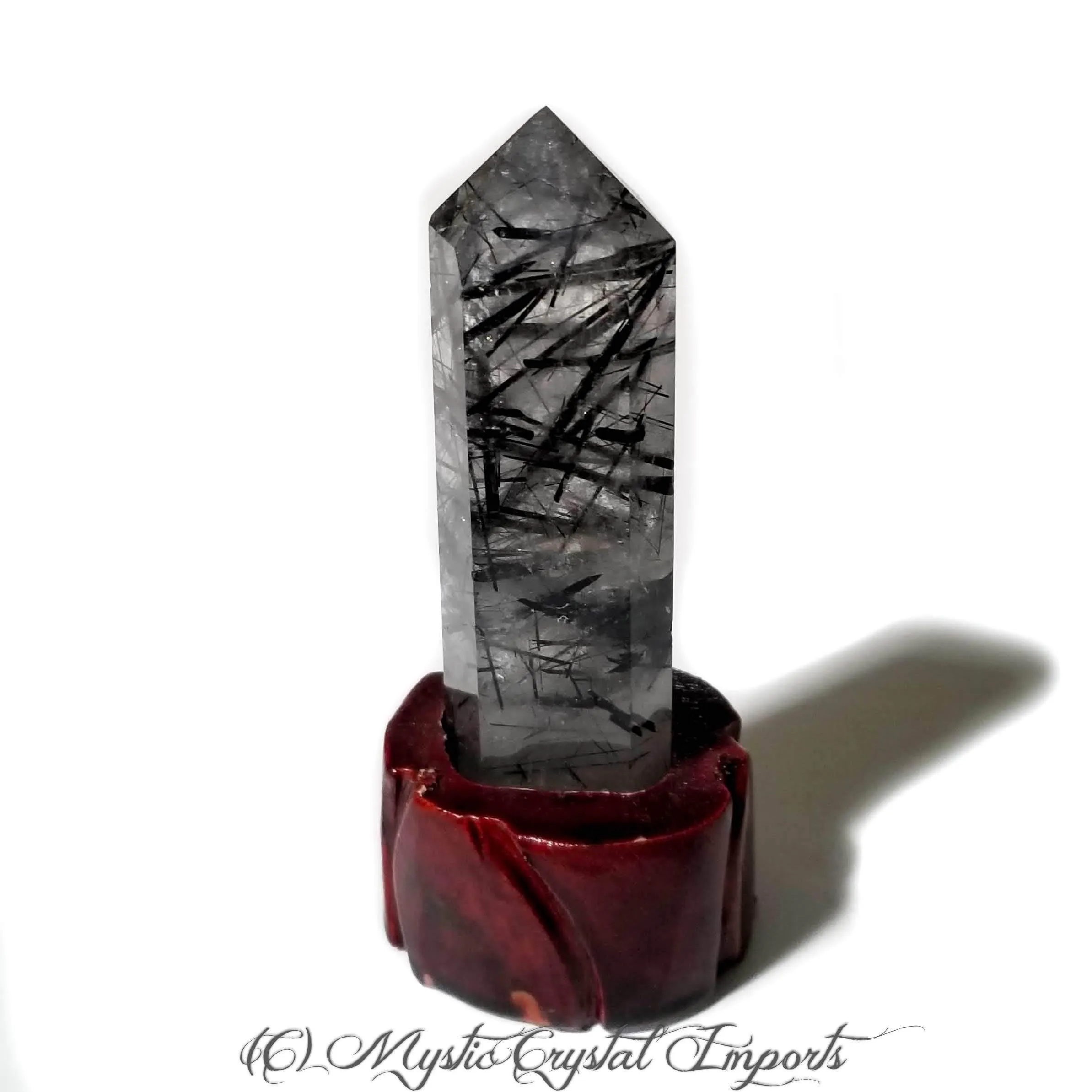 Black Tourmalinated Quartz Crystal Point With Carved Wood Stand - 5