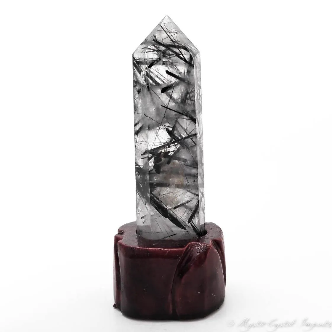 Black Tourmalinated Quartz Crystal Point With Carved Wood Stand - 5