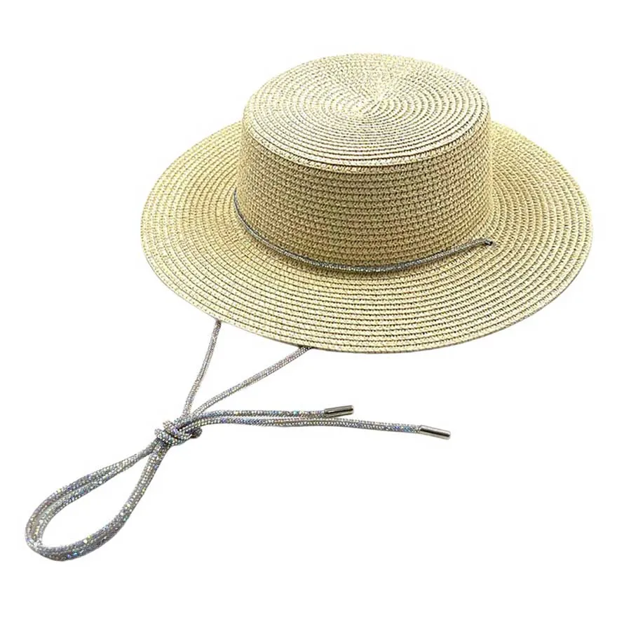 Bling Chin Tie Straw Sun Hat