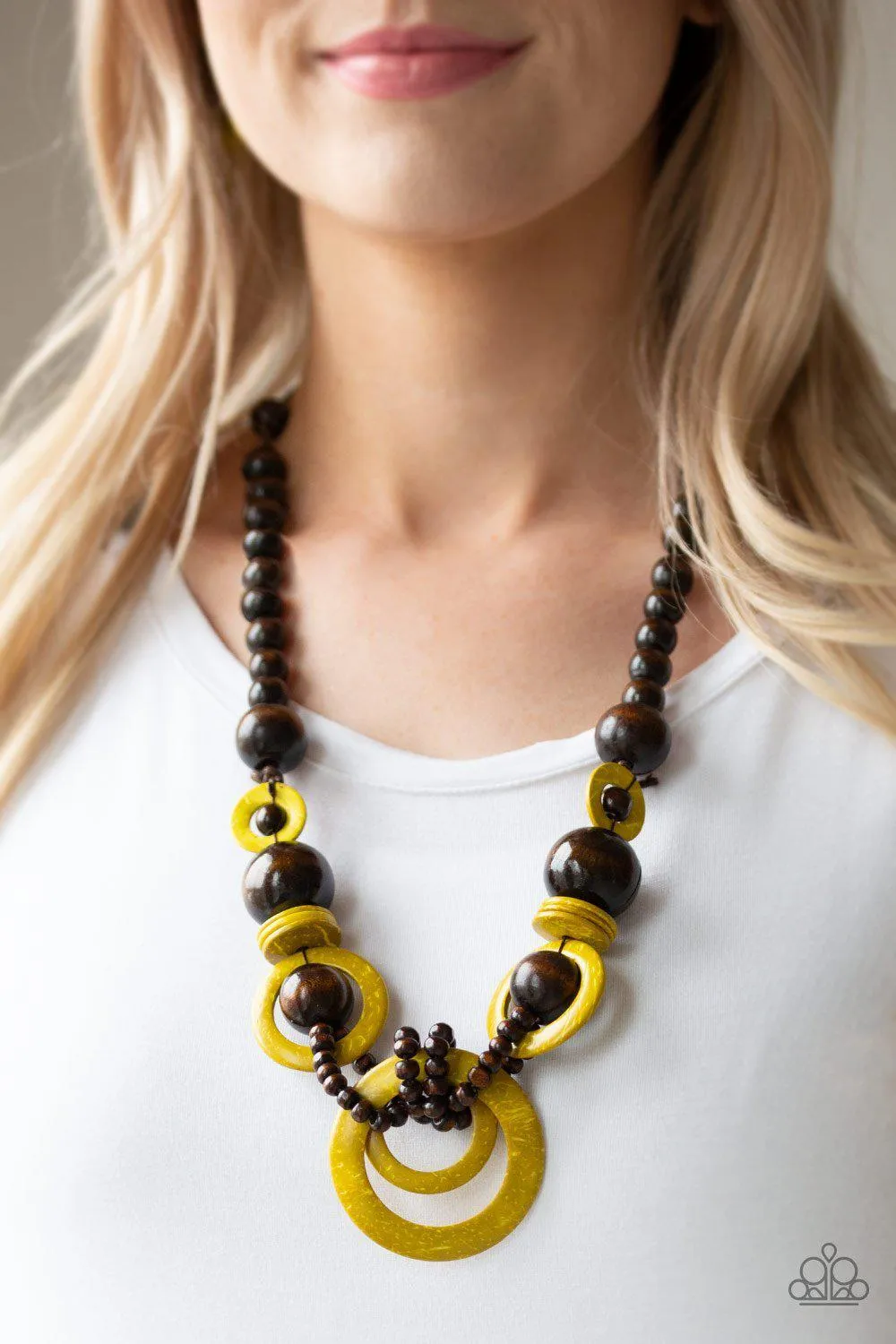 Boardwalk Party Yellow and Brown Wood Necklace - Paparazzi Accessories