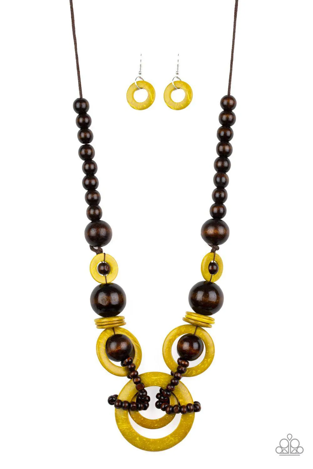 Boardwalk Party Yellow and Brown Wood Necklace - Paparazzi Accessories