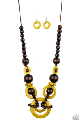 Boardwalk Party Yellow and Brown Wood Necklace - Paparazzi Accessories