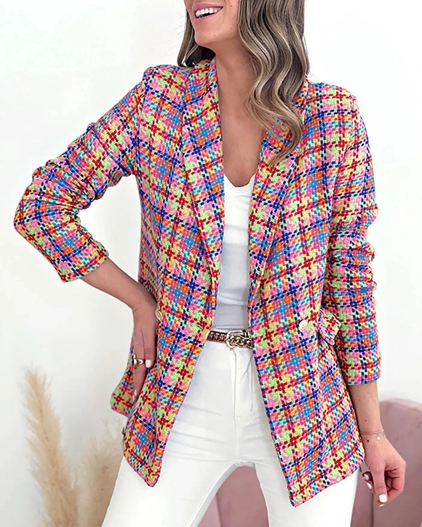 Checker Long Sleeve Office Pocket Casual Suit Women's Jacket