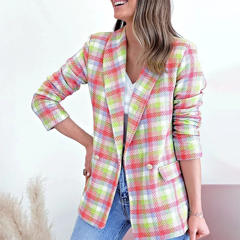 Checker Long Sleeve Office Pocket Casual Suit Women's Jacket