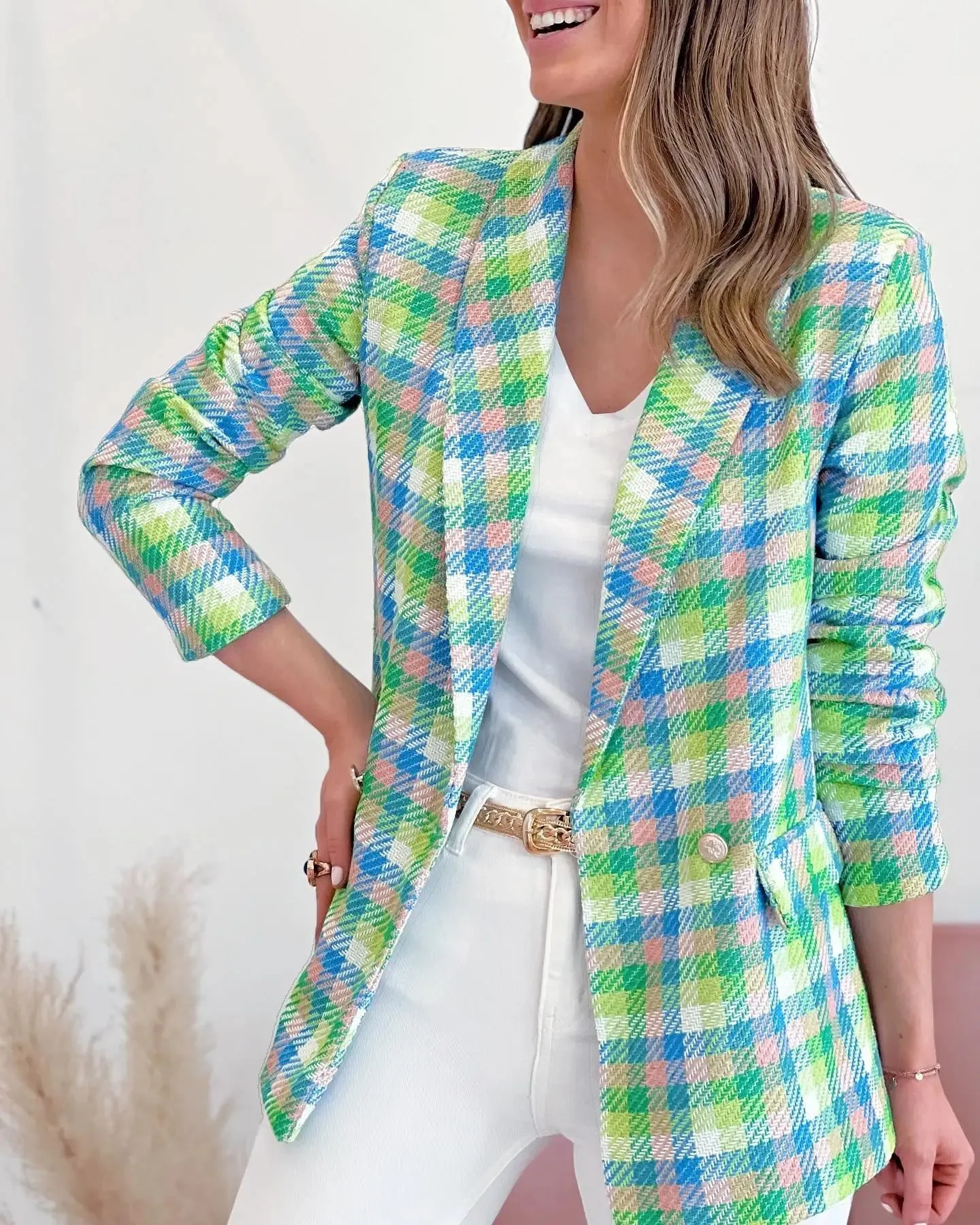 Checker Long Sleeve Office Pocket Casual Suit Women's Jacket