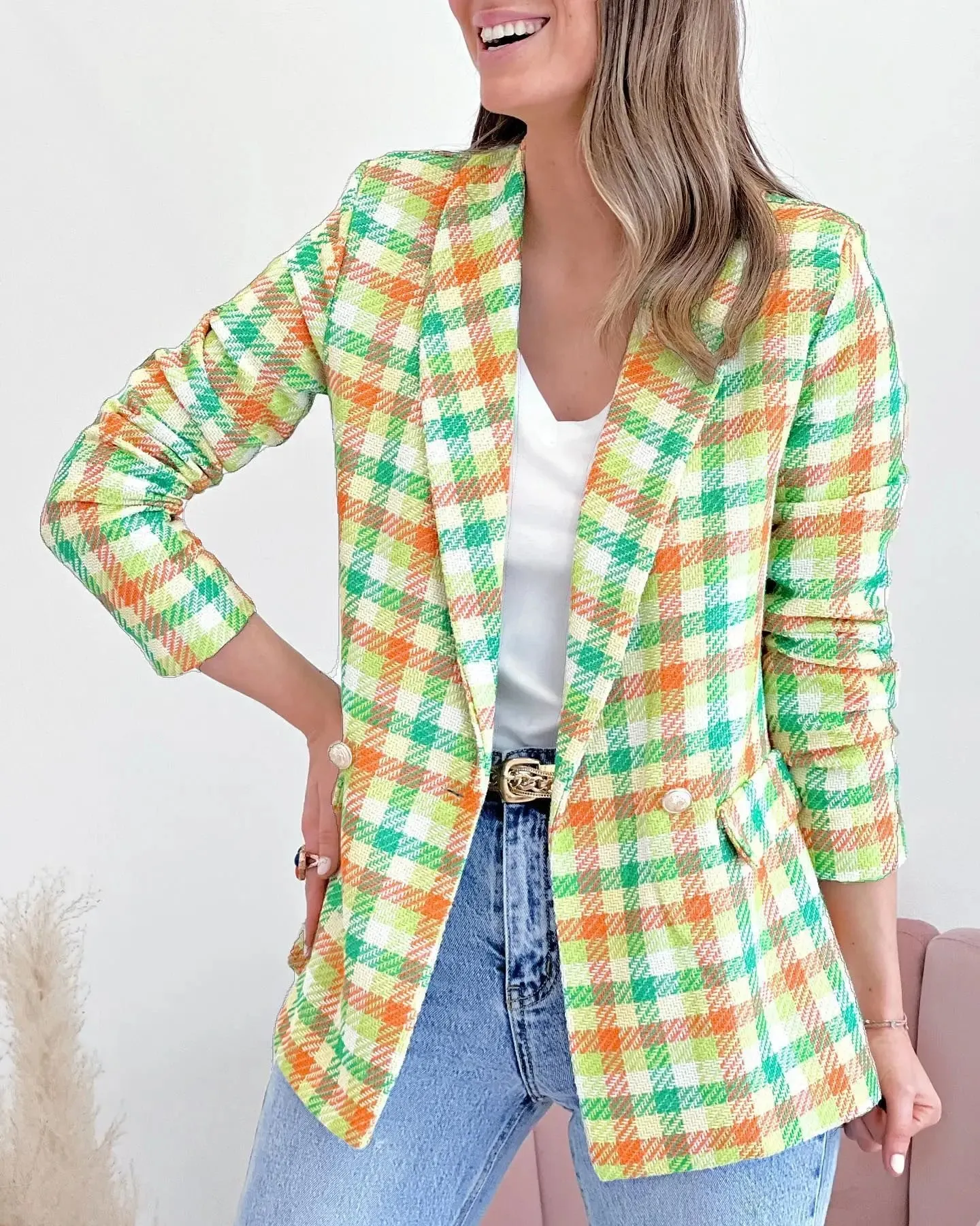 Checker Long Sleeve Office Pocket Casual Suit Women's Jacket