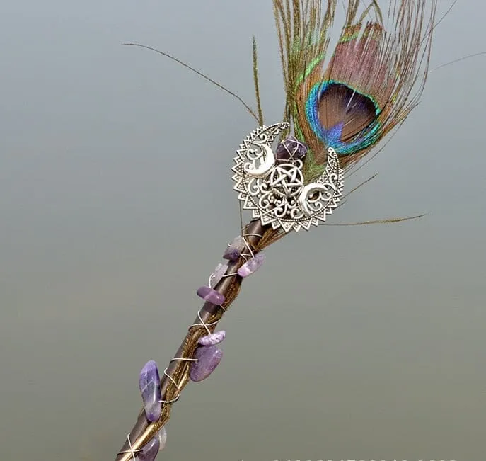 Crystal Wand Natural quartz Moon Viking Dragon Feather Wand