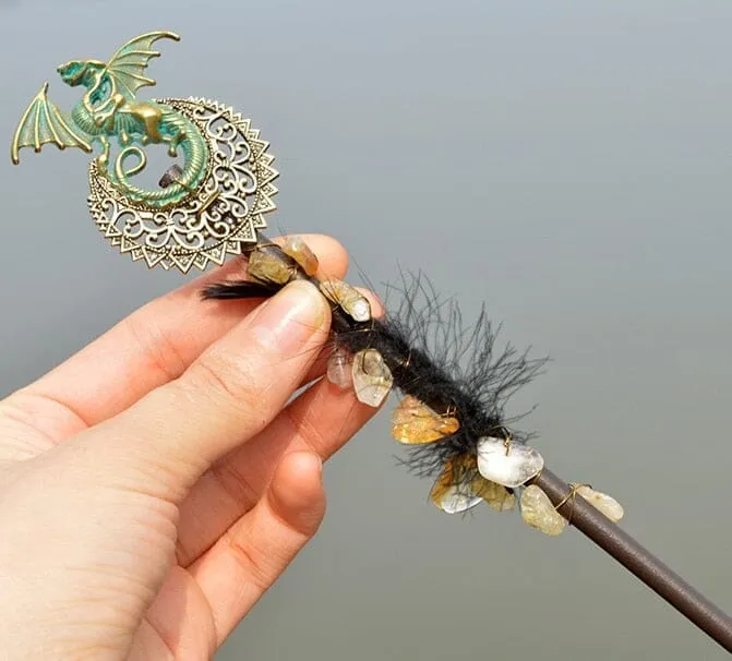 Crystal Wand Natural quartz Moon Viking Dragon Feather Wand