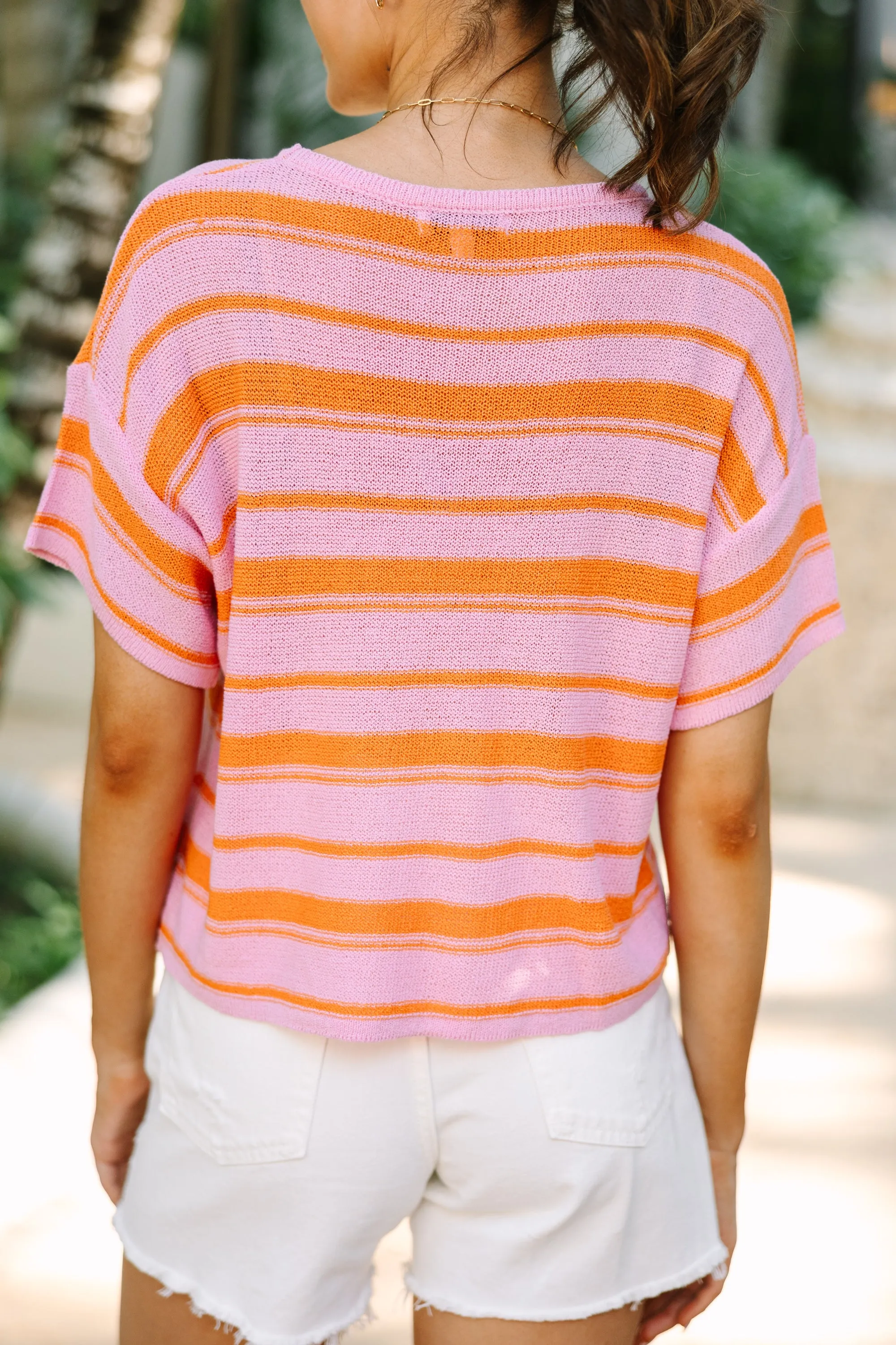 Easy Living Pink Striped Short Sleeve Sweater