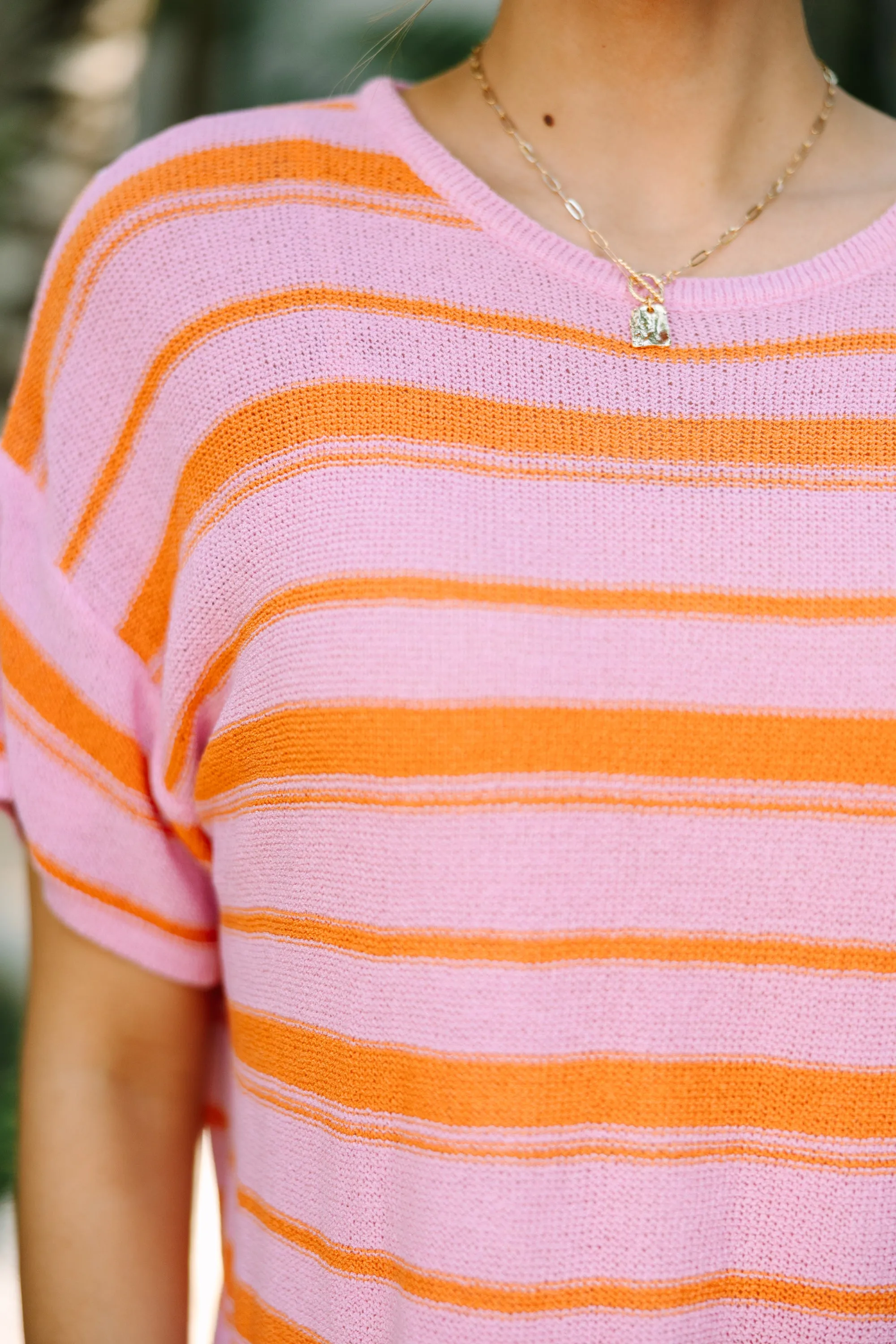 Easy Living Pink Striped Short Sleeve Sweater