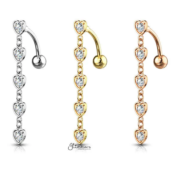 Five Crystal Set Center Hearts Vertical Drop Belly Button Navel Rings