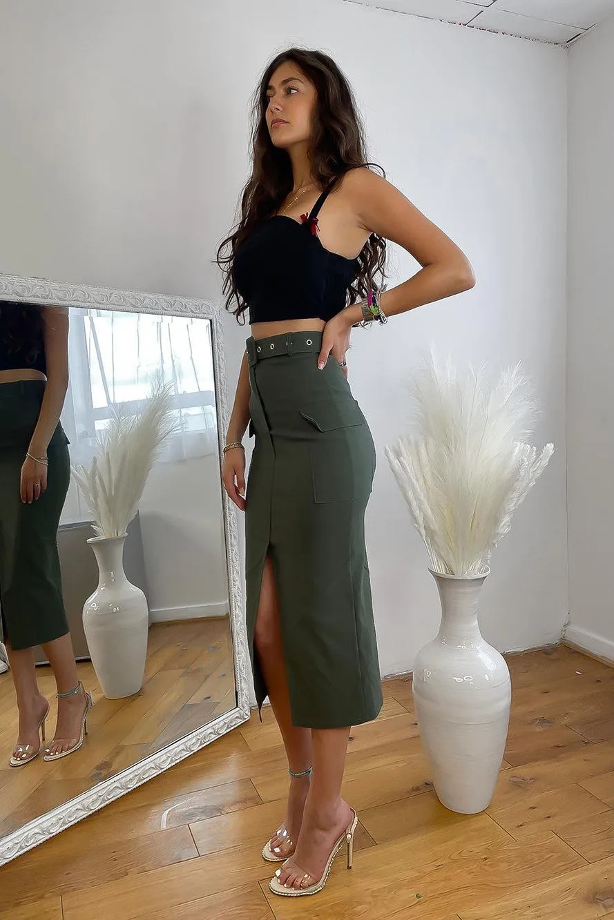 Front Split Midi Belted Cargo Skirt