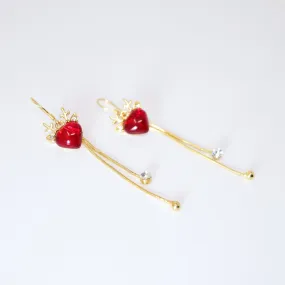 Gold Reindeer's Red Heart Rhinestone tassel Christmas Themed earrings, Long Tassel Christmas Earrings Statement Christmas earrings.